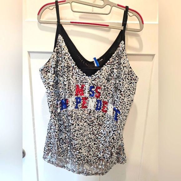 Miss Independent Sequin Tank Top XXL Black Mesh Back Red White Blue Patriotic - Picture 1 of 8